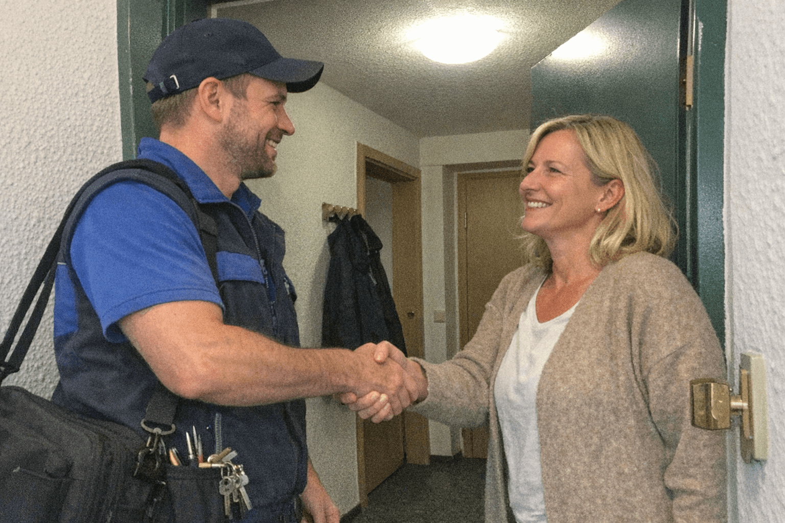 Freundlicher Techniker schüttelt einem zufriedenen Kunden die Hand