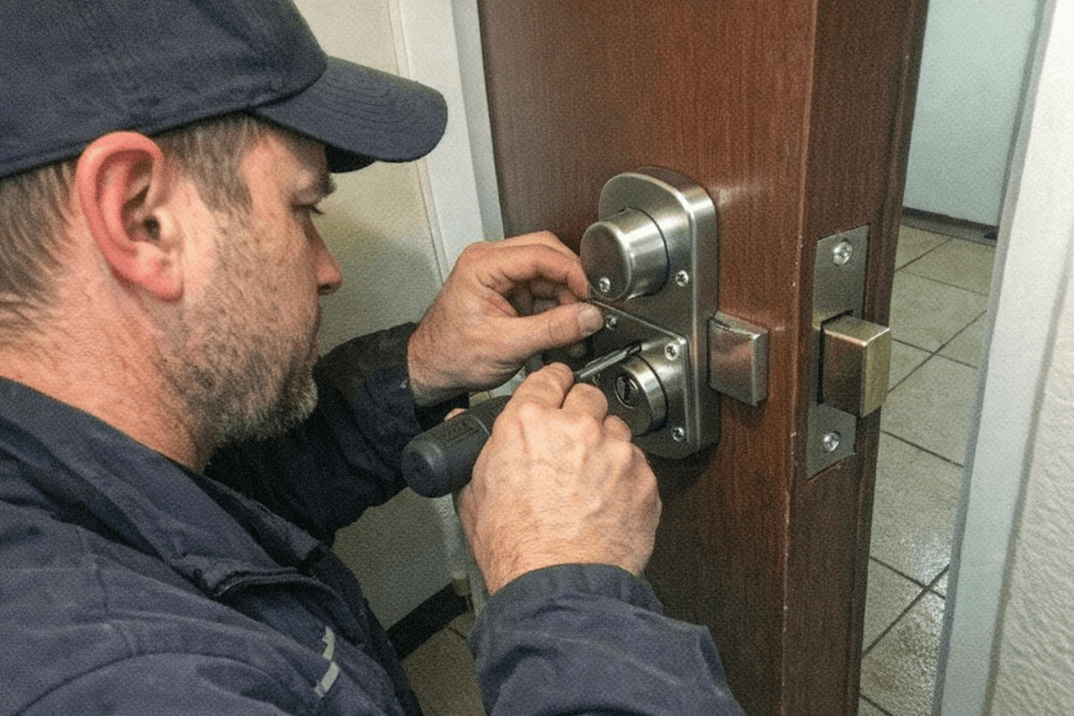 Fachmann bei der Installation eines robusten Sicherheitsbeschlags an einer Eingangstür
